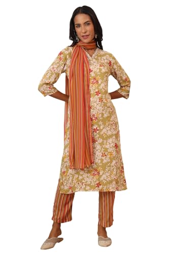 Image of W for Woman Orange Abstract Printed Tiered Spaghetti Kurta and Leggings Set with Dupatta