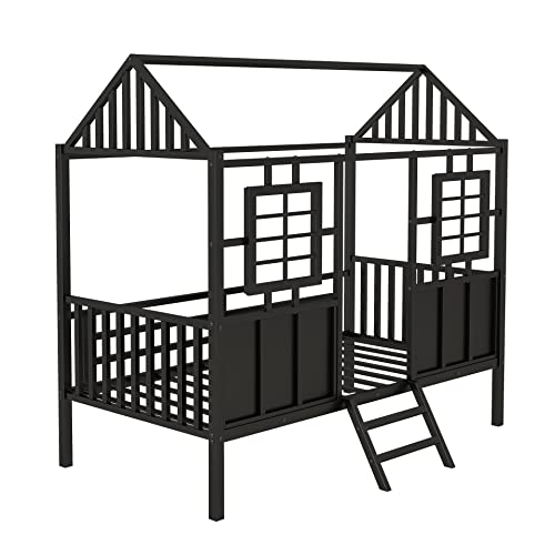 Twin Size House Loft Beds Metal Low Loft Bed Frame Kids Playhouse Loft Bed With Fence Railings Black Cabin Beds For Girls Boys Teens, No Box Spring Needed #TOP6