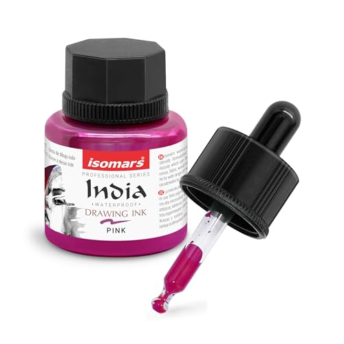 Image of Isomars Waterproof Drawing Ink with Dropper - 35ml | India Ink for Calligraphy, Art, Technical Drawing | Fade-Resistant & Quick-Drying (Pink)