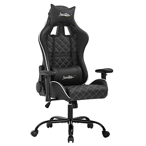 PC Gaming Chair Home Office Chair Ergonomic Computer Chair with Lumbar Support Headrest Adjustable Armrest Rolling Swivel E-Sports Racing Chair Desk Task Chair (White)