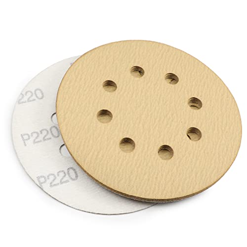 Utoolmart サンディングペーパー ディスクペーパー サンディングディスク 5インチ 番手220# 10枚入り サンドペーパー 8穴 円形ディスクサンドペーパー マジック ペーパー 電動サンダー用 木工 研磨ツール サンディングパット サンダー用紙やすり
