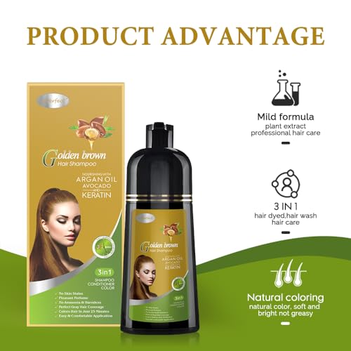 Joyful Young Natural Hair Dye Shampoo 3 IN 1, Hair Color for Gray Hair Coverage, Hair Coloring Shampoo for Women, Color Shampoo Beard Dye for Men, Vegan Ammonia Free Hair Shampoo (GOLDEN BROWN)