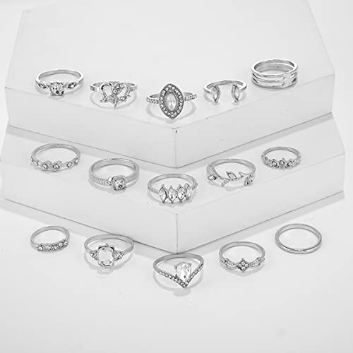 Stone Studded Silver Plated Stackable Rings Set of 15