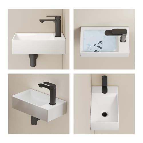 Lavabo pequeño de cerámica rectangular EMKE 38x22x10cm blanco para baño compacto 7