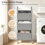 3-Tier Vertical Rolling Laundry Hamper, Removable Bags, Gray Faric - Image 4