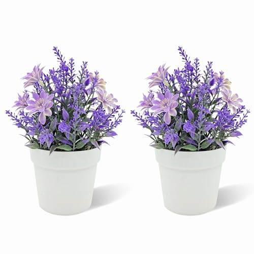 FOUSUKA 2 PCS 8' Lavender Flowers Artificial with Small Plastic White Pot, Realistic Fake Plants Faux Potted Flower for Home Decor Indoor Outdoor Office Living Room Table Decoration (Purple)