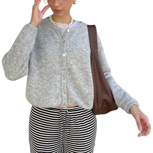 Image of Women Button Down Cardigan Long Sleeve Crewneck Sweater Vintage Lightweight Knit Jacket Fall Going Out Top