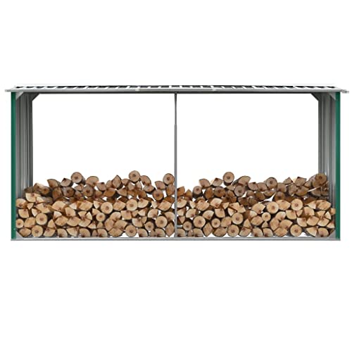 FIRBNUS Cobertizo de jardín de acero galvanizado, 330 x 92 x 153 cm, mueble exterior, portleña, para exterior, puerta de madera de exterior, para jardín, shed, leñera de exterior, verde