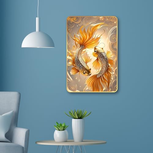 Image of Arkasto Golden Fish MDF Wall Art | Vastu Painting for Wealth & Prosperity | Golden Border Fish Wall Decor Frame for Home & Office
