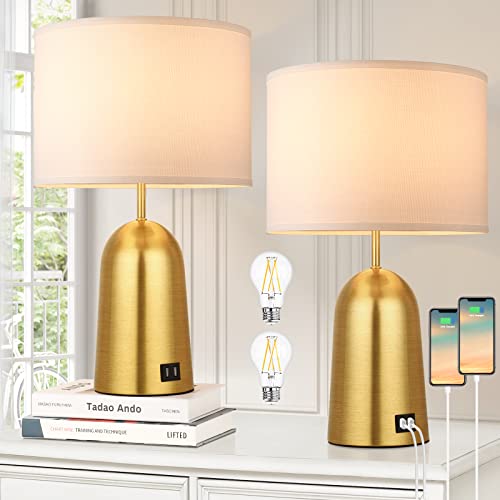 Set Of 2 Touch Control Table Lamps, 3-Way Dimmable Gold Bedside Lamps With Usb Ports, Brass Modern Nightstand Lamps With Fabric Shades For Bedroom Living Room Dorm Home Office, Led Bulbs Included #TOP11