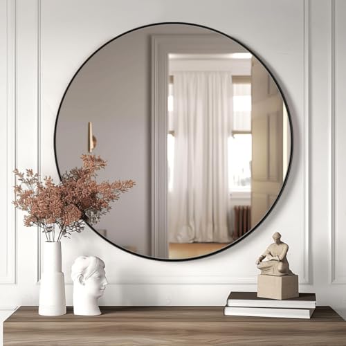 Image of ANDY STAR Round Bathroom Mirror, Round Black Mirror 32 inch, Matte Black Circle Mirror with Anti-Rust Stainless Steel Metal Frame, Modern Vanity Mirror Wall Mount, Easy to Install