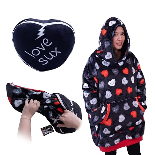 Image of Wearable Blanket Hoodie - inchLove Sux inch 2-in-1 Blanket Hoodie for Adults - Oversized Sweatshirt with Pocket - Funny Breakup Gift & Anti-Valentine's Reversible Hoodie
