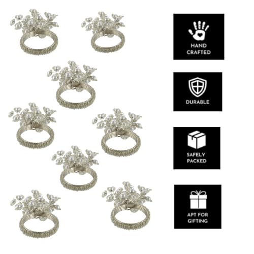 Image of Seed Bead Handmade Dinning Table Napkin Ring Holder Set for Tables Decoration Weddings Dinners Parties Everyday Use (Silver) - Pack of 8