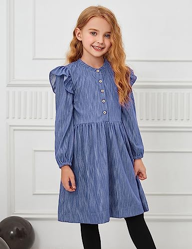 Perfashion Girls Denim Dress Flutter Long Sleeve Classic Jean Blue Button Down Dresses for 6-15 Years4