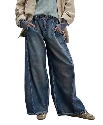loveimgs Women Y2k Baggy Wide Leg Denim Pants Boyfriend Patchwork Flare Jeans Mid Rise Distressed Palazzo Pockets