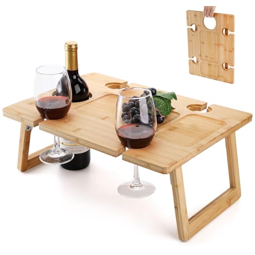 Peohud Portable Wine Picnic Table, Foldable Champagne Picnic Snack Table Tray, Wooden Outdoor Picnic Table with Glass Holder for Park, Beach, Camping, Bed, Wine Lover Gift