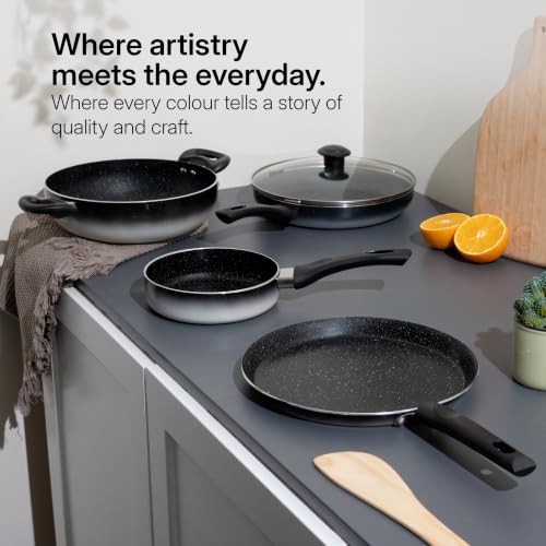 Image of Kreme Aura Granite Non Stick Cookware Set 7pcs | Aluminium Cookware Set | Non Stick Flat Tawa, Fry Pan, Sauce Pan, Kadhai with Glass Lid | Uses Less Oil | Induction Gas Stove Compatible, Ivory