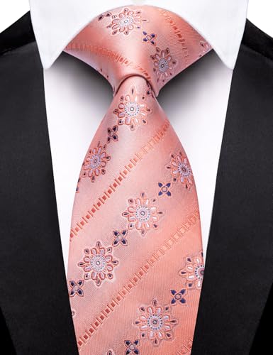 Image of Barry.Wang Coral Pink Ties for Men Floral Tie Necktie and Tie Clip Wedding Business Flower Formal