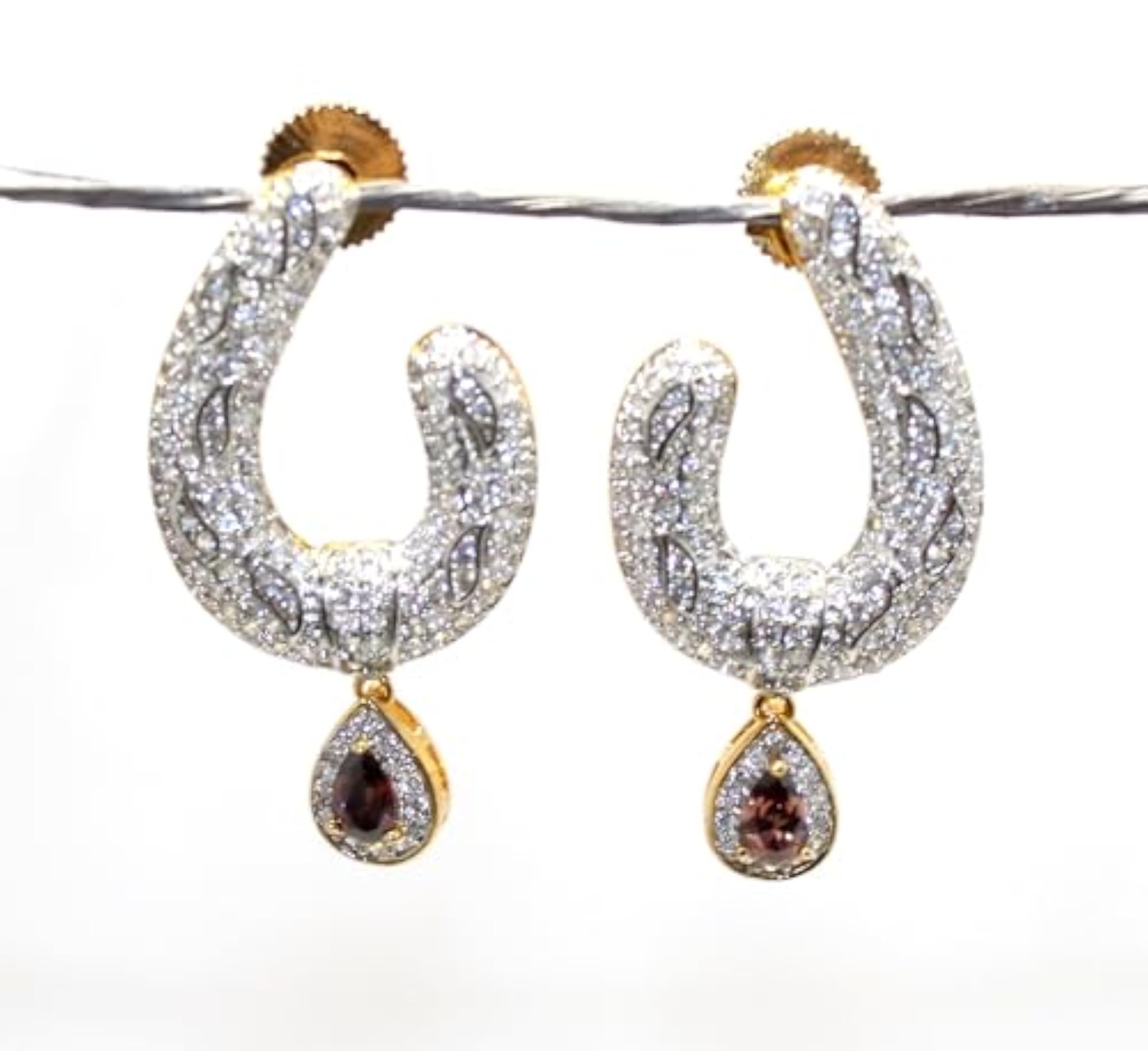 Women's Handmade Gold Rhodium Dangle Earrings with CZ Stone