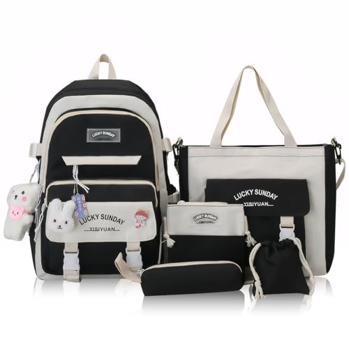 Cnwinu 5 Stück Schulrucksack Set, Schulrucksack Mädchen, Jungen, Teenager, Schulranzen Set mit Tasche, Federmäppchen, Umhängetasche, Kawaii Rucksack, Lässig Rucksack Kinder