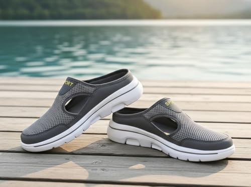 Generic Men's Mesh Sport Slip-On Mule Sneakers, Gray, White Sole Grey - Image 6