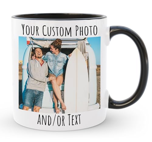 HomeBee Personalized Coffee Mug | Custom Photo Text or Logo Ceramic Mug | Customized 11 Oz Tea Cup – Unique Gift for Men & Women | Taza Personalizadas Design with Picture and Words | White – Black
