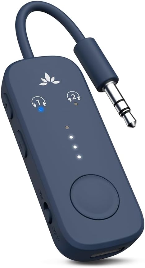 Avantree Relay - Premium Airplane Bluetooth Adapter with Advanced Qualcomm Chipset, 2 Headphones Support, 25hrs Play Time, aptX Adaptive & HD Audio Transmitter for Airpods, Bose & Travel Flight