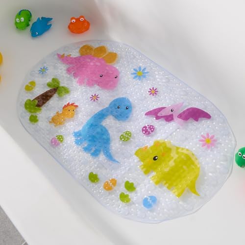 OHS Baby Bath Mat Non Slip Dino Kids Bath Mat with Suction Cups Anti Mould Bath Mats for Bathroom Flexible Oval PVC Babies Toddlers Kids Clear 70cm x 40cm