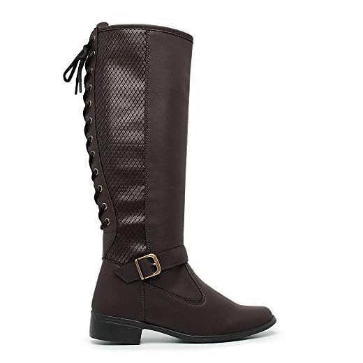 Bota Montaria Feminina Cano Longo, Preta, com Cadarço e Fivela, Estilo Over The Knee, Detalhe em Metalassê, Zíper Lateral (Marrom, BR, Adulto, Numérico, 38)