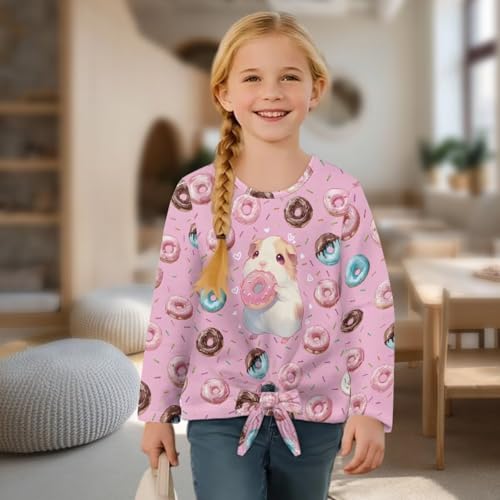 Girls Long Sleeve Shirts Soft Crewneck Long-Sleeve Fall T-Shirts Basic Tie Front Knot Tees Printed3