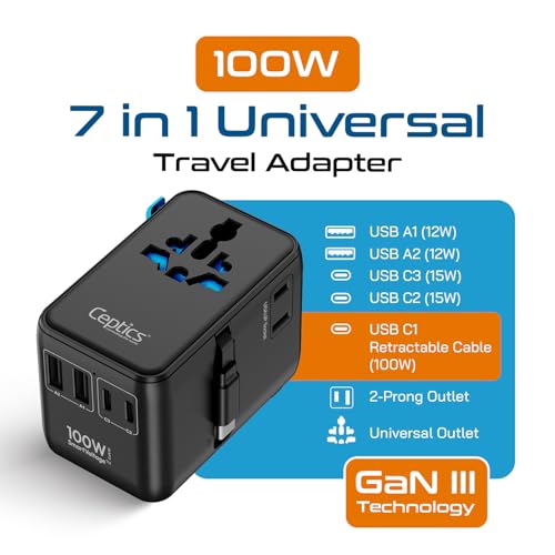 Image of Ceptics 7 in 1 Universal Travel Adapter with 100W Retractable USB-C Cable, Universal and Japan Socket Input, 2 Type A & C Ports, for Laptop /MacBook - Global Compatibility, 5-Year Warranty, Black