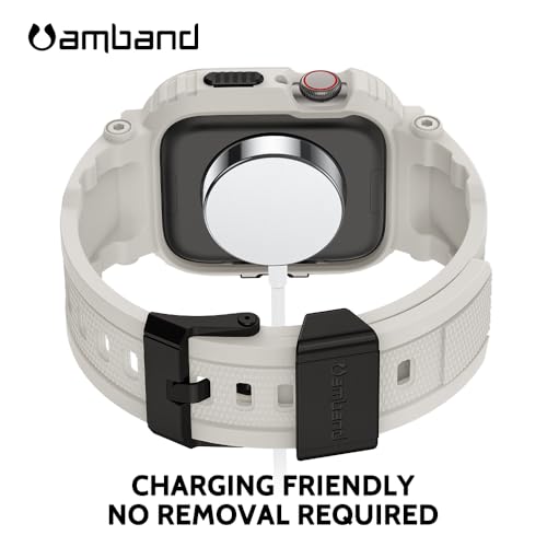 Image of amBand Compatible with Apple Watch Series 9 /8 /7 /6 /5 /4 & SE 3 /2 /1 41mm /40mm Band Case for Men, M1 Sport Rugged Case with Strap Military Protective Cover Bumper for iWatch 41 /40 mm 38mm - Sand White