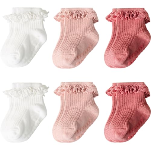 Image of AQOKKA Baby Girl Toddlers Socks with Non-slip Grip Cute Frilly Ruffle Ankle Soft Cotton Newborn Baby Socks for Infant Kids