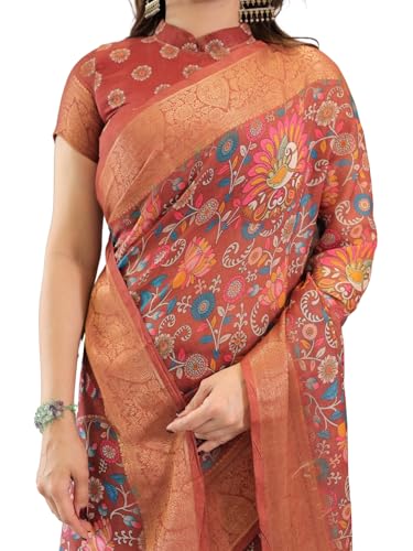 Image of ALMAARI FASHION Handloom Cotton Saree, Coral Red Floral Print with Lotus Motifs, 5.5 Metre with Blouse Piece
