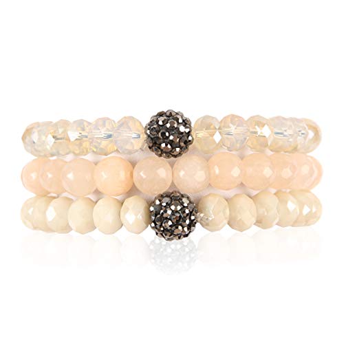 Bead Multi Layer Versatile Statement Bracelets - Stackable Beaded Strand Stretch Bangles Sparkly Crystal, Faux Druzy, Pave Fireball (Pave Ball & Natural Stone Mix - Ivory)