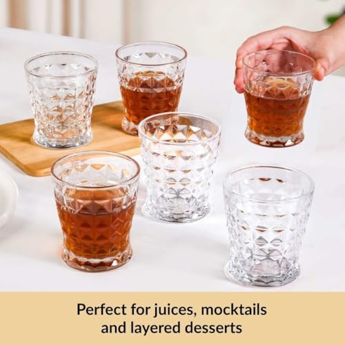 Image of Nestasia Transparent Set of 6 Small Juice Glasses (245 ml Each) - 100% Food Safe & Chip Resistant Raised Square Embossed Tapering Tumblers - Ideal for Water, Tea, Coffee & Refreshments