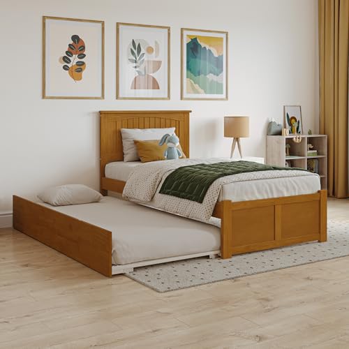 AFI Nantucket - Cama individual de plataforma de madera maciza con estribo y nido individual en color caramelo claro