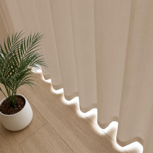 Image of LINENWALAS Aesthetic Sheer Curtains 5 Feet Long Set of 2, Poly Linen Shrink & Fade Proof Drapes for Window, Semi Transparent Modern Panels with Grommet Hanging for Living Room (Brown /5 Feet)