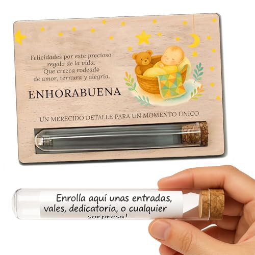 Presente dinheiro para bebé recém-nascido, cartão-presente em madeira para bebé recém-nascido, presente dinheiro para bebé, com tubo para surpresa, vale, mensagem ou cartão. Detalhe original lista de