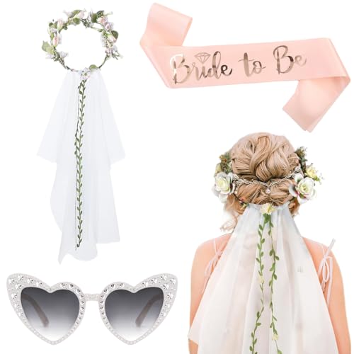 3 pezzi Addio Nubilato Decorazione, velo da sposa, corona di fiori, fascia da sposa in oro rosa, castone a cuore con perle, accessori da sposa, per matrimoni, fidanzamenti e addii al nubilato