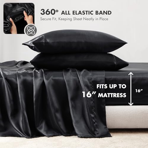Image of Madison Park Essentials Satin Sheets Split King Size Bed Set, 7 Pcs, Black | Luxury and Smooth Silky Bedding with Natural Sheen, All Around Elastic 14 inch Pocket fits up to 16 inch Mattress, Year-Round Cozy