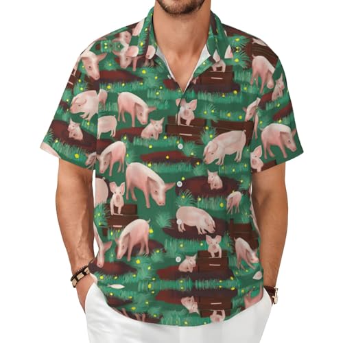 Chemise hawaïenne vintage à motif ferme et cochons vêtement d'été élégant avec poche