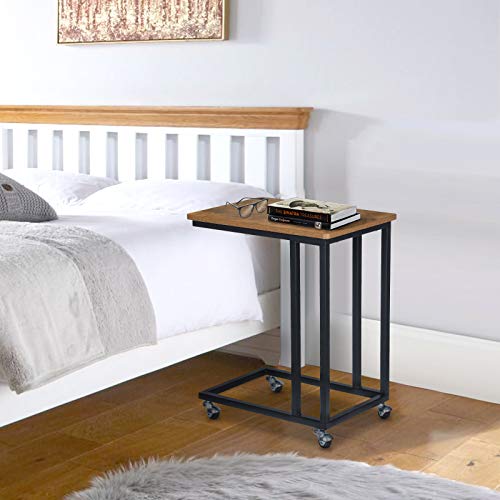 KINGSO C Table Rolling TV Tray End Tables Living Room Sofa Side Table Under Couch Table Industrial Moible Snack Table for Coffee Laptop Eating Portable Little Bedside Table, Rustic Brown - Thumbnail 3