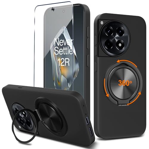 Nijiadi Capa para celular OnePlus 12R 5G (2024) com protetor de tela de vidro, suporte de anel giratório de 360° com suporte de silicone Silm Fit capa protetora à prova de choque para One Plus 12R /1+