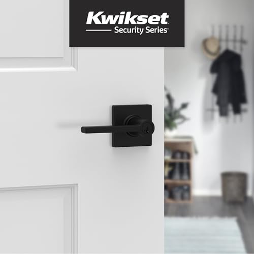 Image of Kwikset Casey Entry Door Handle with Lock and Key, Secure Keyed Reversible Lever Exterior, for Front Entrance and Bedrooms, Matte Black, 4 Pack, Pick Resistant SmartKey Rekey Security and Microban