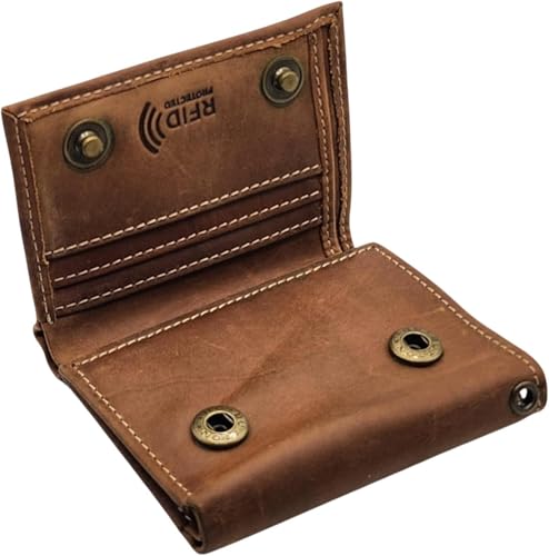 Men's Trifold Chain Wallet, Biker-High Security, ID Window, Credit Card Holder, RFID Safe Leather, YKK Zip Pocket, Snap Closer, Designed in USA (Without Zip Pocket, Rustic Brown J111EH)3