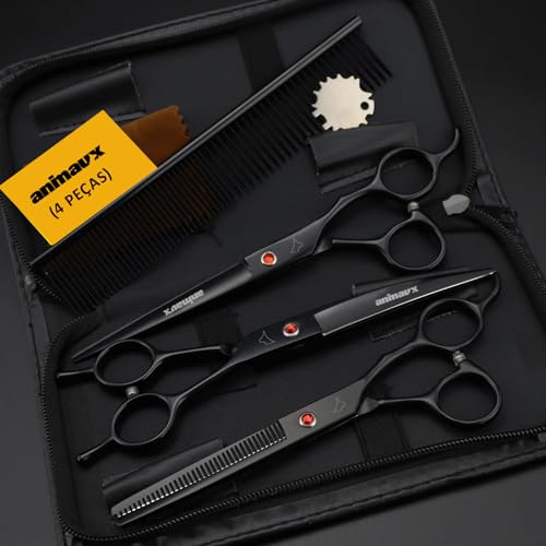 Kit 3 Tesouras e 1 Pente para Banho e Tosa Pet Shop 7 Polegadas (4 PEÇAS) ANIMAUX (Preto)