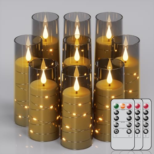 KunSwenn LED Flameless Flickering Candles with 3 Remote and Timer, 9 Pack Battery Operated Pillar Candles with 3D Flame and String Lights for Christmas Spring Wedding Valentine Home Decorations