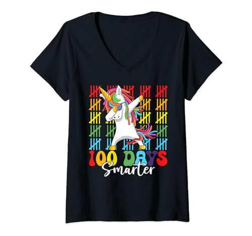 Femme 100th day of school boys girls kids 100 days smarter unicorn T-Shirt avec Col en V