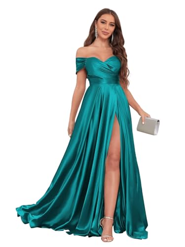Image of JKMMYO Satin Bridesmaid Dresses for Women Off The Shoulder Pleated Long Formal Evening Dress